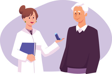 Doctor prescribes inhaler for elderly man patient, vector Asthma, Allergy disease medicine consultation for treatment