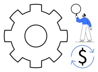 Large gear design, person holding a blank balloon, currency sign inside circular arrows. Ideal for teamwork, business, efficiency, workflow, economy, investment simple landing page