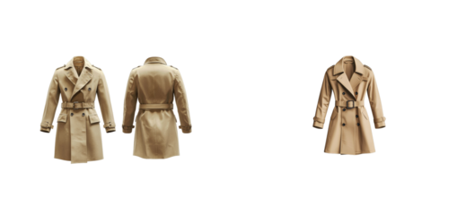 Classic beige trench coat, double-breasted, belted style, cut out transparent