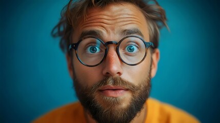 Obraz premium A man with round glasses stares with surprise, his eyes wide against a teal backdrop.