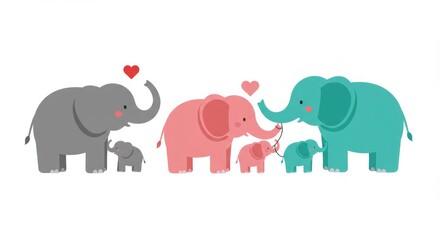 Fototapeta premium Illustrative Elephant Families in Grey Pink and Blue Tones with Hearts