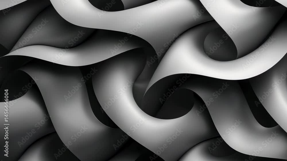 Poster dynamic textile design featuring flowing patterns in black and gray shades with a modern artistic fl
