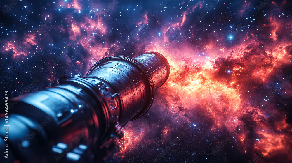 Poster space telescope is pointed at a red and orange cloud of gas. the telescope is in the foreground and 