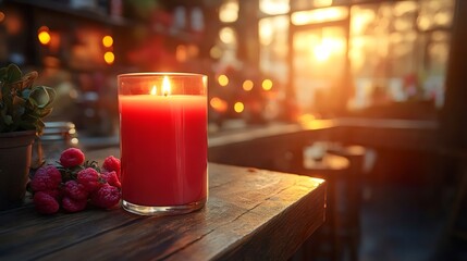 A beautifully lit red candle rests on a wooden table, enhancing the warm and romantic ambiance.