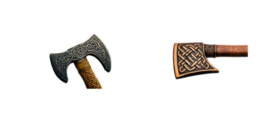 Two ornamental battle axes with Celtic knot designs, cut out transparent