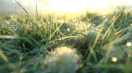 Dew-covered grass illuminated by morning sunlight in a serene outdoor setting