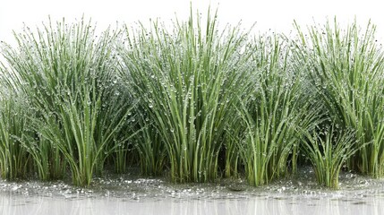 Fototapeta premium Lush green grass with dew drops glistening under soft morning light near a calm water surface