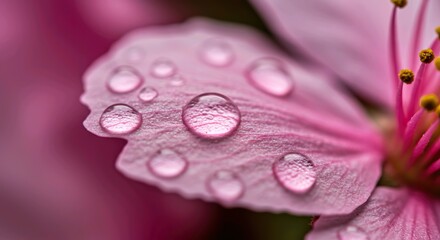Close up of pink flower petals covered in water droplets detail shot