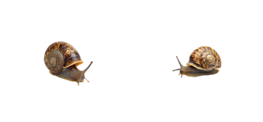 Two brown shelled snails, close encounter isolated, cut out transparent