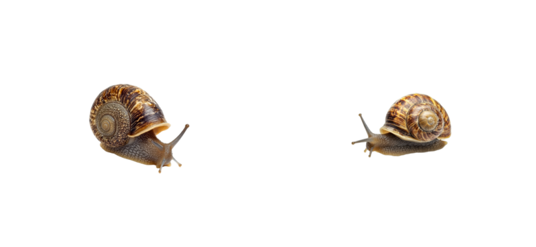 Two brown shelled snails, close encounter isolated, cut out transparent