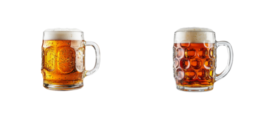 Two fresh lager beverages with foam, cut out transparent