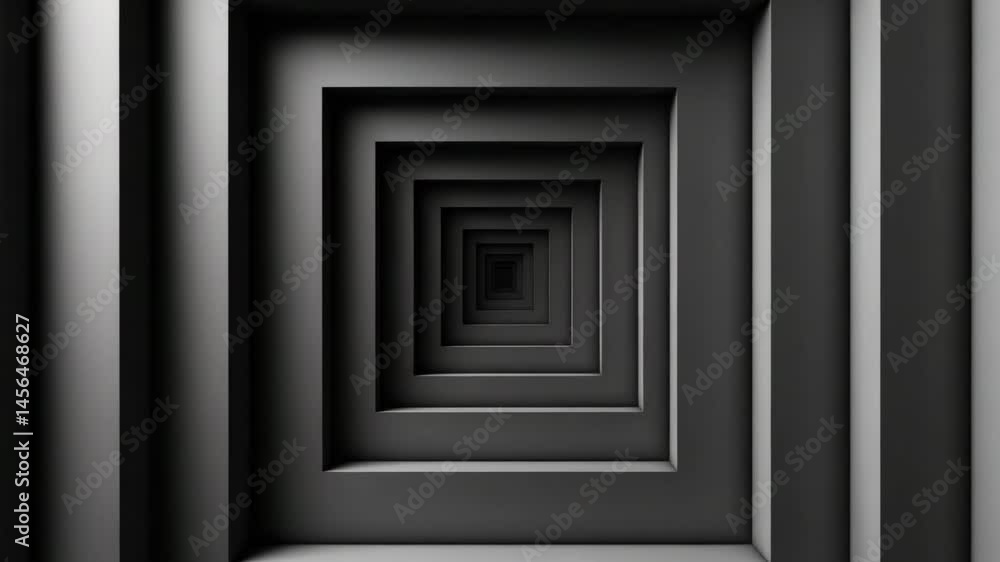 Poster endless spirals of black shapes create an illusion of depth and perspective in an abstract art piece