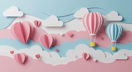 Romantic backdrop featuring pastel paper hearts and hot air balloons floating in clouds