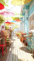 Obraz premium Colorful outdoor caf? with vibrant umbrellas and flowers, inviting atmosphere and sunny day