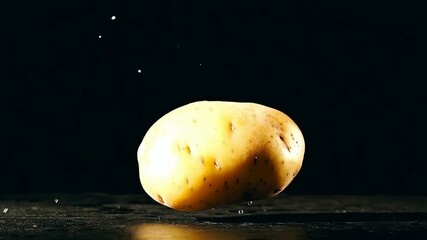 Raw potatoes falling onto a wet black surface creating a splatter, suitable for food advertising or cooking demonstrations