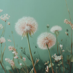 Delicate dandelion flowers against a soft teal background for botanical art design