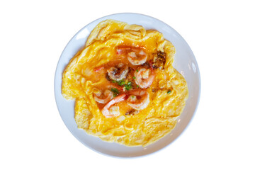 Delicious shrimp omelette served hot on a white plate, perfect for breakfast menus, culinary blogs, or restaurant promotions. Fresh, savory, and visually appealing, isolated on transparent background