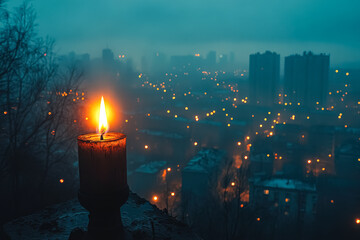 Candle is lit on a ledge in the city, casting a warm glow on the surrounding buildings. The city is lit up with lights from street lamps, buildings, and cars, creating a beautiful