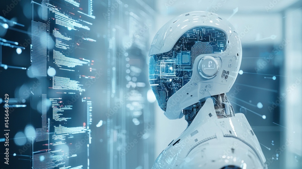 Poster futuristic robot analyzing data streams: artificial intelligence and technological advancement