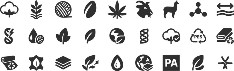 Material composition label glyph icon set. Vector pictograms of cotton, wool, silk, hemp, alpaca, cashmere, goat, textile, organic, natural, black sign silhouette illustration.