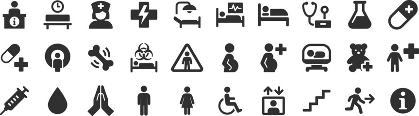 Hospital signage glyph icon set. Vector pictograms of clinic , nurse, doctor, pharmacy, medication, vaccination, syringe, patient, room, operating, radiology, MRI, black sign silhouette illustration.