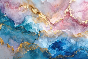 Fototapeta premium The close up abstract picture of the blue and pink colour mixing each other with gold color inside mixed pattern, mixing colors involves combining different hues to create new shades or tones. AIG51.