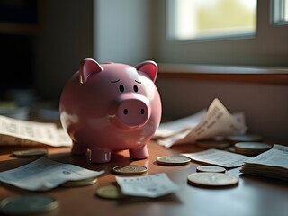 Sad Piggy Bank with Coins and Bills &ndash; Symbol of Financial Struggles and Poor Savings