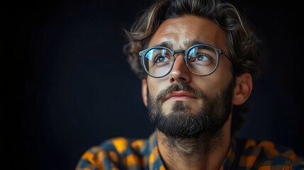 Fototapeta premium Close-up portrait of a man with glasses, looking upwards, lost in thought, on a dark background.