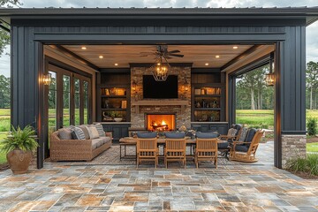 Farmhouse-style living room with dark gray walls, large dining table, TV, and an open-air sliding door leading to an outdoor fireplace and seating area.