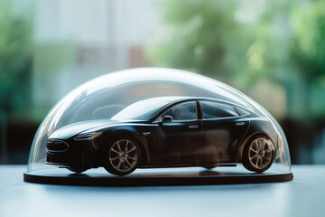 Fototapeta premium Black electric car model under a protective glass dome
