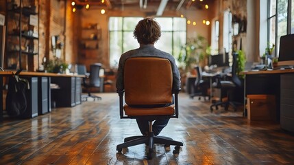 A person seated in an office chair, looking out at the workspace in a modern office environment.