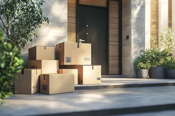 Cardboard boxes delivered to a modern house doorstep sunlit patio plants