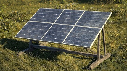 Pannelli solari su un supporto di legno in un campo aperto.