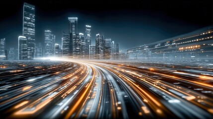Fototapeta premium Futuristic cityscape with glowing light trails at night.