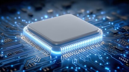 Futuristic microchip on a circuit board with glowing elements.