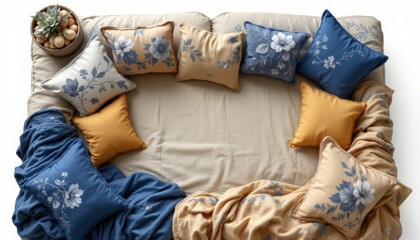 Obraz premium Cozy Bed with Floral Pillows and Blanket