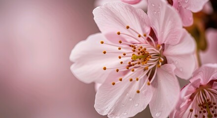Obraz premium Close up of pink cherry blossoms with visible stamens and soft petals