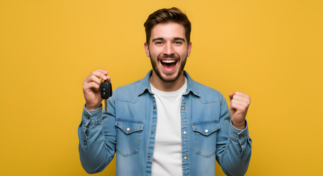 Excited Young Man Holding Car Key Celebrates Success In Front Of Yellow Background