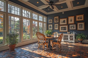 Charming sunroom with brick flooring, dining table, large windows, framed pictures, plants, and white wooden furniture, designed with grey walls and a ceiling fan.