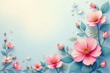 Fototapeta premium Delicate flower and leaf motif, pastel shades, foliage, illustration, nature