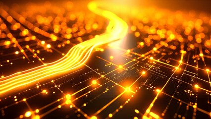 Fototapeta premium Glowing golden lines and dots form an abstract, high-tech circuit pattern, symbolizing data flow and digital connectivity.