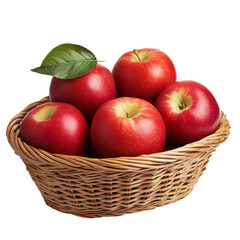A basket of red apples with a green leaf. The apples are arranged neatly in the basket, which is made of woven wicker