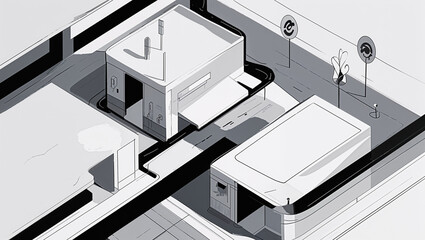 Fototapeta premium Modern architectural illustration depicting a minimalist urban design rendered in grayscale perspective view