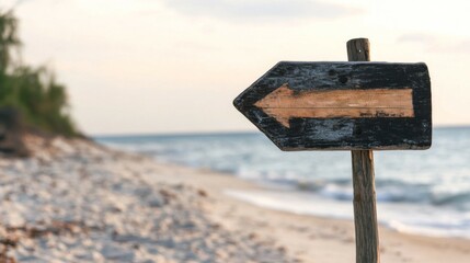 Weathered Wooden Arrow Sign Pointing Towards a Sandy Beach