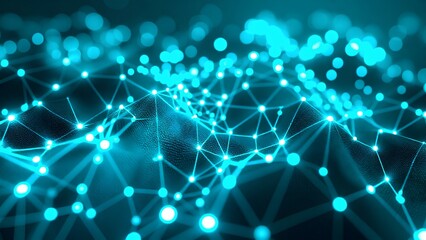 A glowing network of blue nodes and lines creates an abstract digital landscape, representing connectivity and technology.