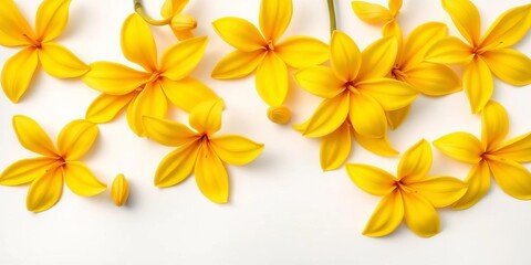 Bright yellow ylang ylang blossoms arranged flat on white background, postcard style, overhead shot, petals