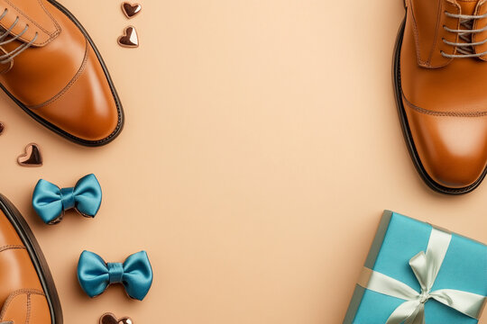 Brown leather shoes blue bow ties gift hearts beige background