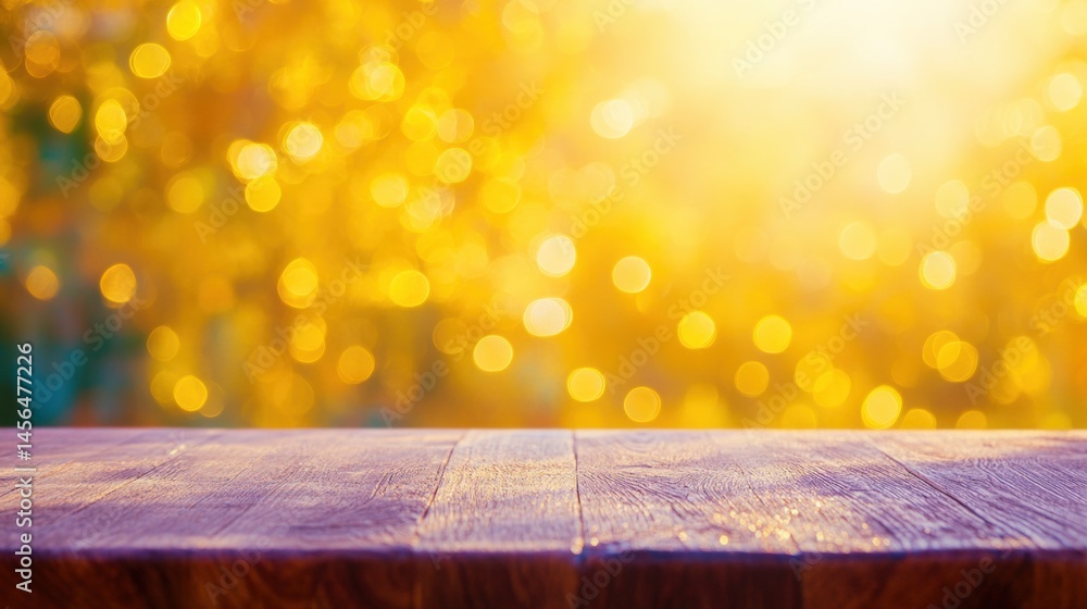 Aufkleber a rustic wooden table sits in the foreground, illuminated by soft golden bokeh lights in the backgro