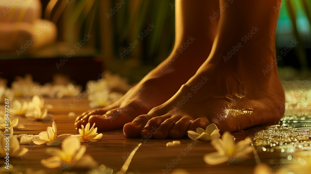 Poster this feet soak in a tranquil spa with gentle lighting and flower petals creating a peaceful atmosphe