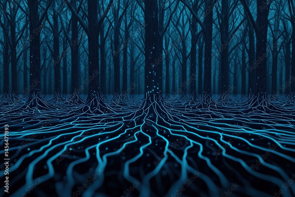 Poster bioluminescent neural forest with glowing data particles